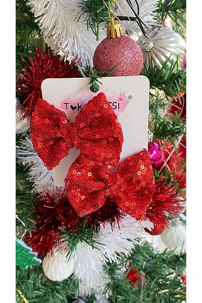 Toka Perisi Red Sequined Stylish Bow Double Buckle