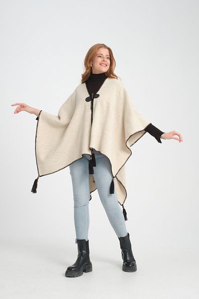 VEGA MODA Stylish Designed Plain Knitwear Poncho - Button Detailed, Patterned and Interlock