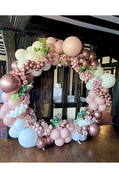 eğlencemarketi Rose Gold Chrome Macaron - Pink Blue and White Balloon Chain 100 Pieces