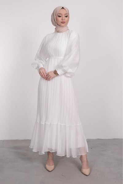 Lamia Giyim White Hijab Dress - Slim Pleated, Balloon Sleeve and Layered Ruffles