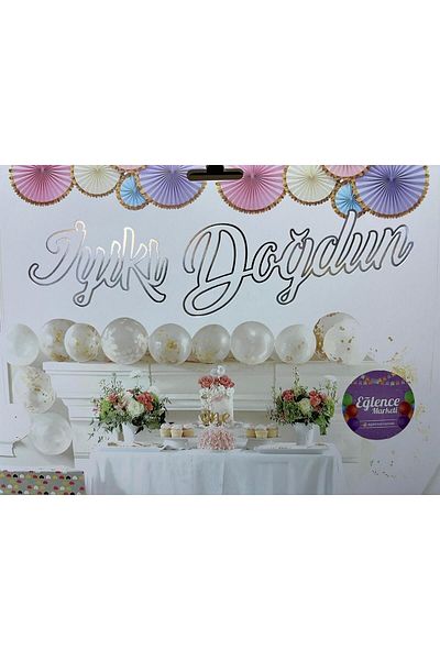 eğlencemarketi White Silver Happy Birthday Gilded Calligraphy Banner