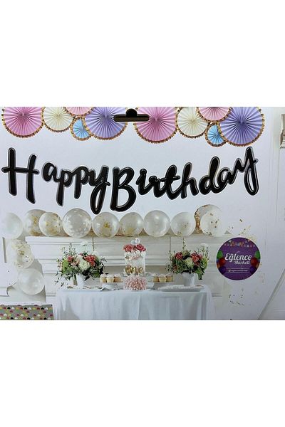 eğlencemarketi Black Silver Leaf Happy Birthday Calligraphy Banner