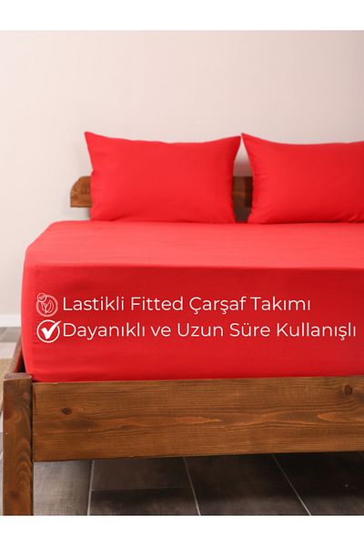 ROZET TEKSTİL طقم ملاءات جاهزة من القطن الأحمر - مع غطاء وسادة مطاطي