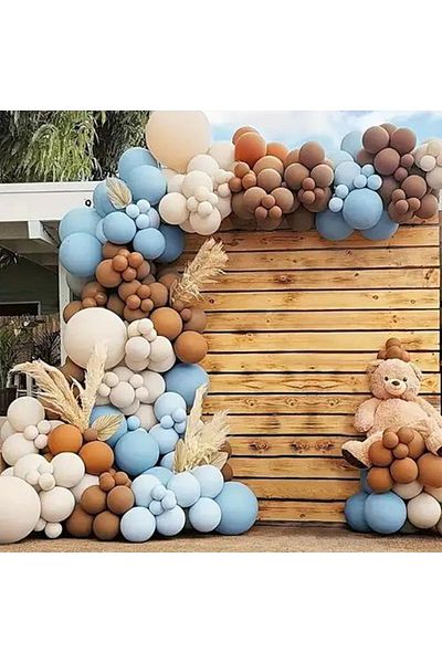 eğlencemarketi 100 Pieces Blue and Retro White Chocolate Brown Caramel Macarons - Balloon Chain