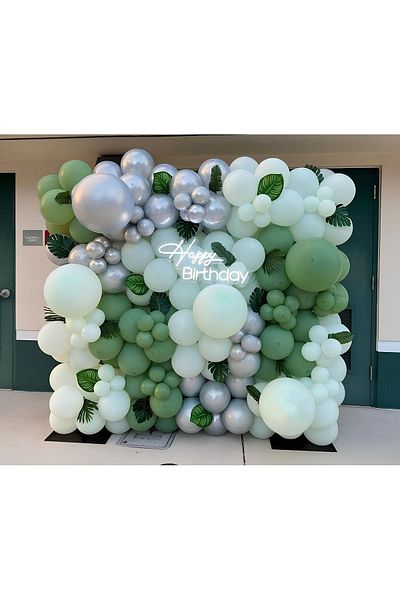 eğlencemarketi Chrome Silver Retro Eucalyptus and White Balloon Chain 100 Pieces