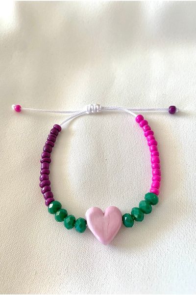 Atelier Çağla Pink Heart Bracelet with Murano Glass Beads
