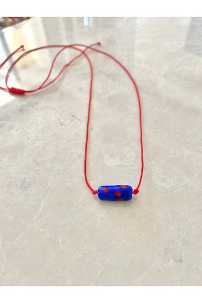 Atelier Çağla Murano Glass Blue Roll Cylinder Red Rope Necklace