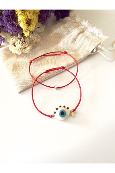 Atelier Çağla İkili Cam Göz Nazar Dorika Kırmızı İp Bileklik