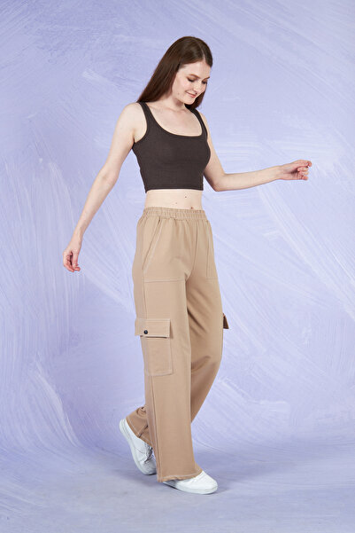 PONÇİK Pantaloni pentru femei cu buzunar cargo cu două fire, talie elastică, ...