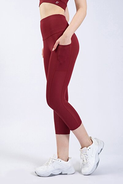 The Step Sports Spocket Women's Yoga Leggings - Claret Red, High Waist, Pockets and Recovery, 19"