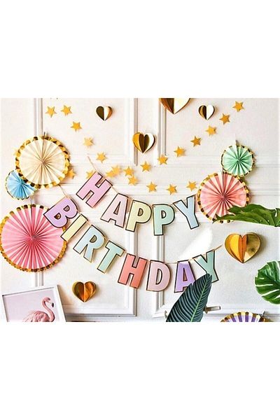 eğlencemarketi Happy Birthday Foil Printed Macaron Banner