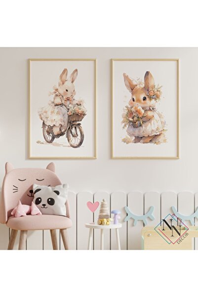 NN DECOR Tavşan Figürlü 2'li Set - Doğal Ahşap Çerçeveli, Bebek Ve Çocuk Odas...