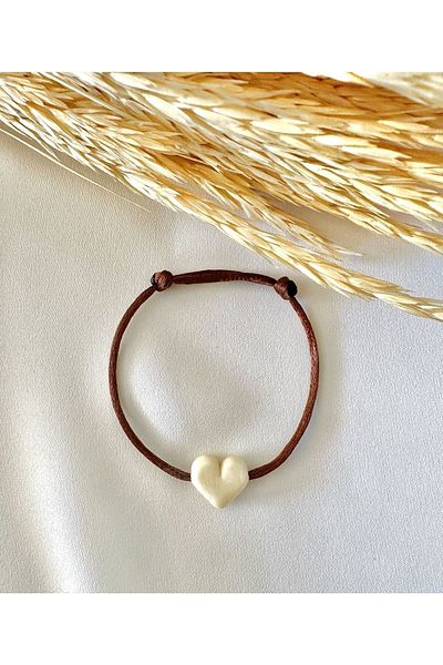 Atelier Çağla Cream Glass Murano Heart Brown Rope Bracelet