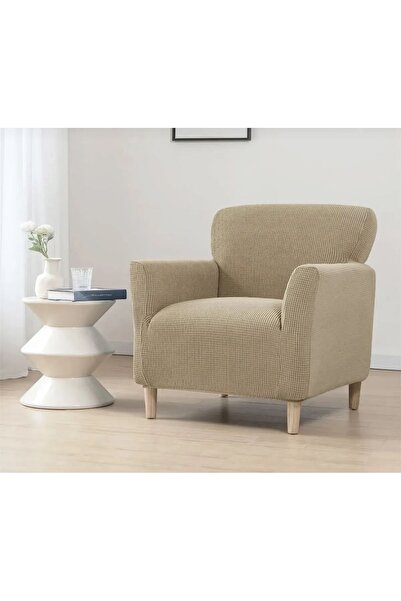 ÖZMAKAN Berjer Beige Lycra Sofa Cover - 3+3+1+1 Square Patterned Elastic Washable Sofa Cover