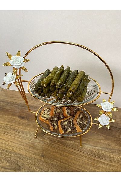 İmren Collection Floral 2 Tier Presentation & Cookie Holder Gold Stand