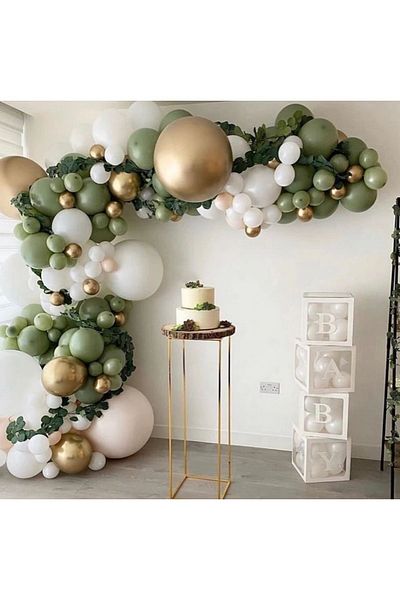 eğlencemarketi Chrome Gold 100 Pieces - Mildew Green and White Balloon Chain