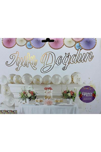 eğlencemarketi White Gold - Happy Birthday Foiled Calligraphy Banner