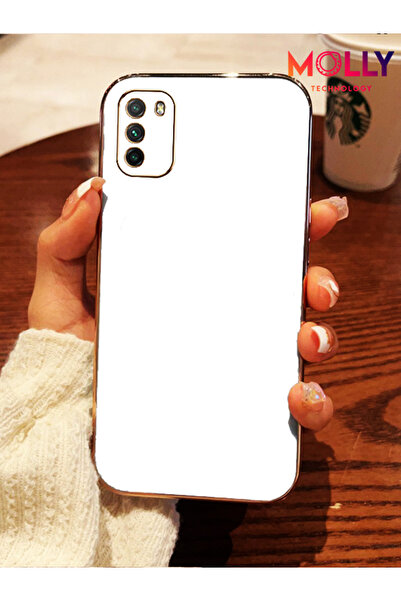 Molly Poco M3 İçin İnci Beyazı Kenarları Gold Detaylı Lüks Silikon Kılıf