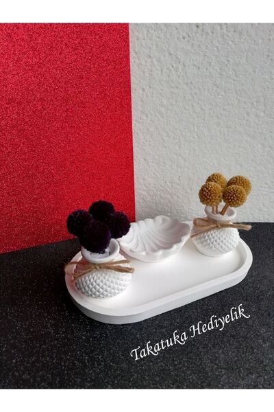 TAKATUKA HEDİYELİK 4'lü Set Mini Tombik Vazolu Kuru Craspedia Çiçeği Kahve Yanı Sunumluk Oval Tepsi Istiridye