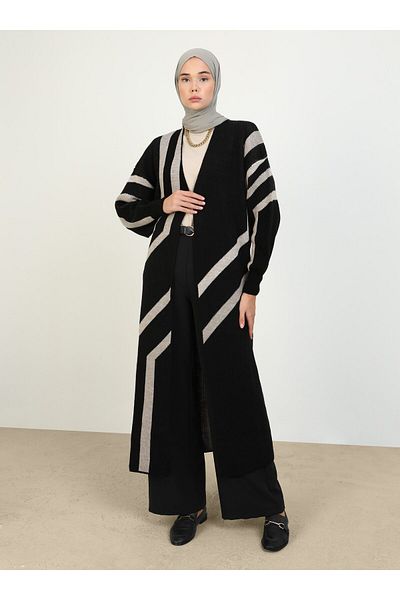 Refka Geometric Patterned Long Knitwear Cardigan with Balloon Sleeves - Black Mink - Refka