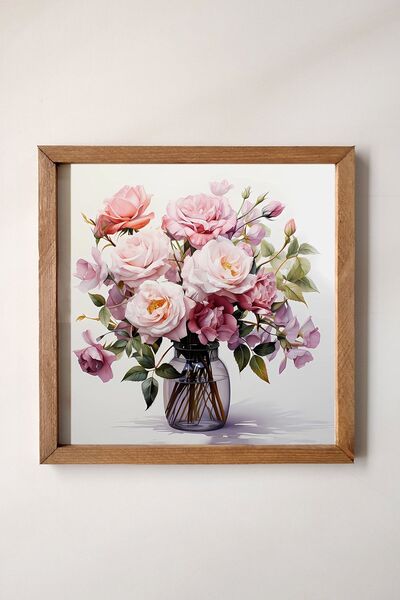 Roses in a Vase with Watercolor Effect Wooden Frame Painting