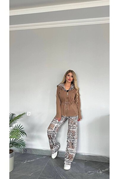 bonibon butikk طقم رياضي نسائي بغطاء للرأس وأكمام طويلة مزين بنقشة الفهد