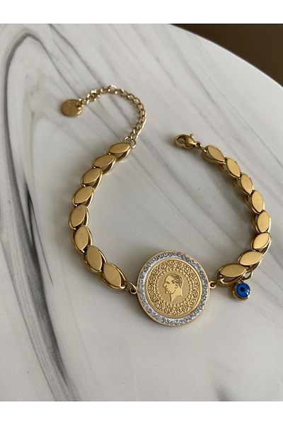 GOLDEN GUN Steel Bracelet with Barley Chain, Evil Eye Beads and Quarter