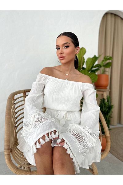 FASHION COCKTAIL Φυσικό καλοκαιρινό φόρεμα μποέμ με εξαιρετικά μακρύ μανίκι διπλής στρώσης δαντέλα με κορδόνια με γιακά Madonna με ζώνη ώμου