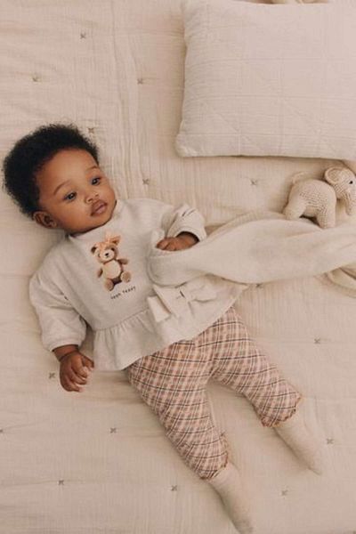 Next Baby Cotton Cream Teddy Bear Patterned Long Sleeve Bottom Top Set
