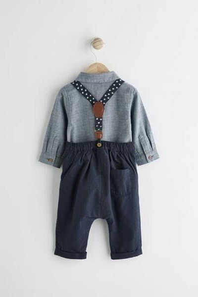Next Baby Cotton Navy Blue Smart Shirt Trousers Suspender Set of 3