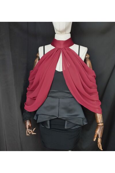 es moda shop Rani Boyundan Düğmeli Kısa Şifon Abiye Gelin Şalı Bordo