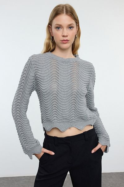 Trendyol Collection Crew Neck Gray Knitwear Sweater - Openwork/Hole, Crop, Twoaw25Kz00346