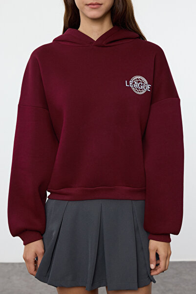 Trendyol Collection Pletená mikina Claret Red - s kapucí, fleece s detailem zadního potisku Twoaw22sw0711