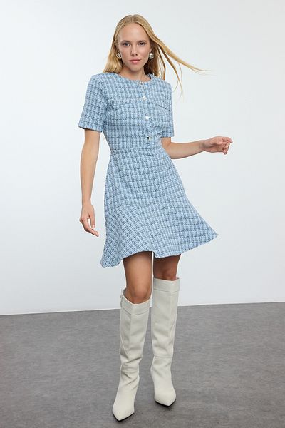 Trendyol Collection Rochie mini din tweed cu decolteu indigo - Fusta cu deschidere în talie TWOAW25EL00280