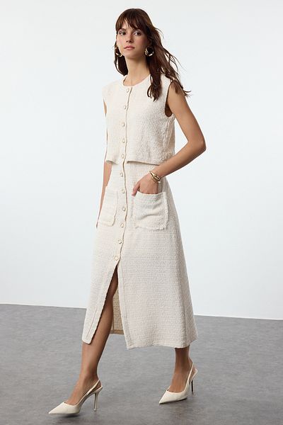 Trendyol Collection Tweed Woven Ecru Jacket Dress - Button Detailed Twoaw25el00177