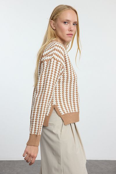 Trendyol Collection Camel Colored Striped Sweater - TWOAW25KZ00254