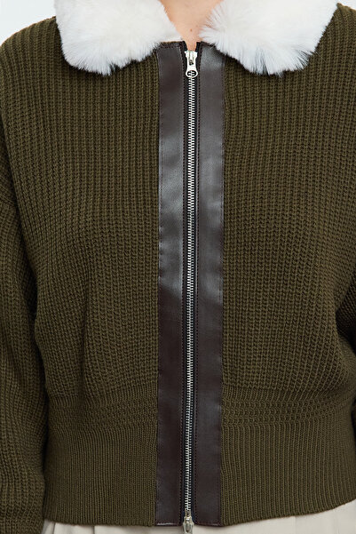 Trendyol Collection Zippered Khaki Knitwear Cardigan - Furry Leather Detail, Twoaw25Hi00186