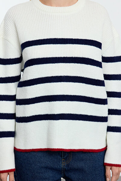 Trendyol Collection Wide Fit Ecru Striped Soft Knitwear Sweater - Twoaw25Kz00256