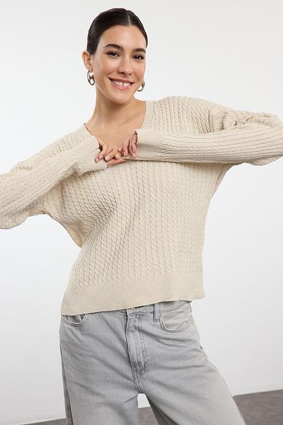 Trendyol Collection Pulover din tricotaje din piatră cu potrivire lată și detaliu de împletitură de păr - TWOAW25KZ00294