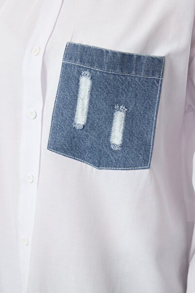Trendyol Collection Ecru Oversize Woven Shirt - Denim Detail, Wide Fit, Pocket and Cuff Twoaw25Go00047