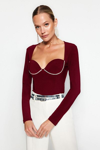 Trendyol Collection Body Roșu Claret Detaliat în Piatră - TPRAW24BD00024