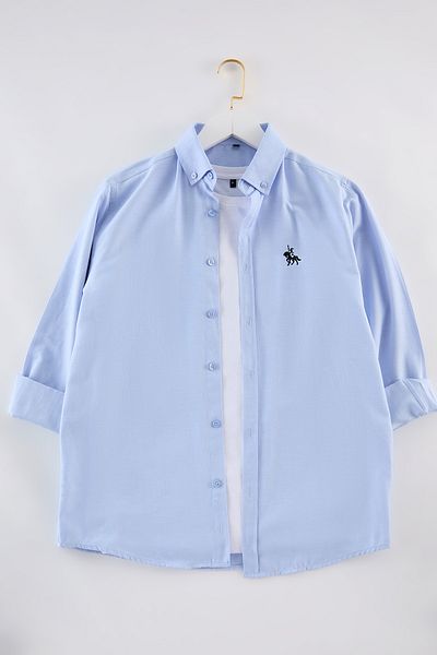 Trendyol Collection Blaues Oxford-Smart-Shirt mit regulärer Passform und Stickerei-Detail, leicht zu bügeln, TMNAW25GO00036