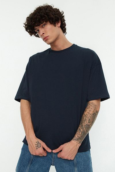 Trendyol Collection Μπλουζάκι από βαμβακερό εμπριμέ λουλούδι Navy Blue Oversize - TMNSS23TS00136