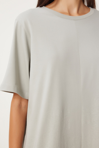 Happiness İstanbul Γυναικείο χτενισμένο βαμβακερό φόρεμα Stone Grey Crew Neck - BP00166