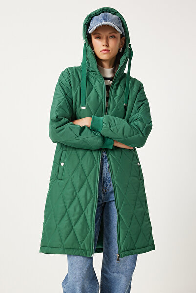 Happiness İstanbul Dámský zelený prošívaný kabát s kapucí DD00996