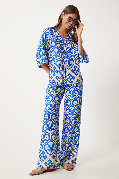 Happiness İstanbul Kék krémszínű viszkóz fűzős Palazzo blúz és öltöny - FN03278