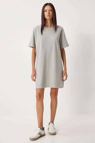 Happiness İstanbul Stone Gray Crew Neck Women's Combed Cotton Dress - BP00166