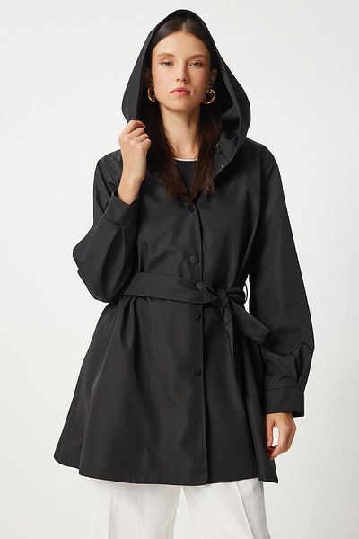 Happiness İstanbul Women's Black Hooded and Belted Trench Jacket - DD01335