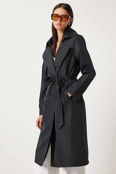 Happiness İstanbul Women's Black Long Trench Coat - Flowing, DD01334