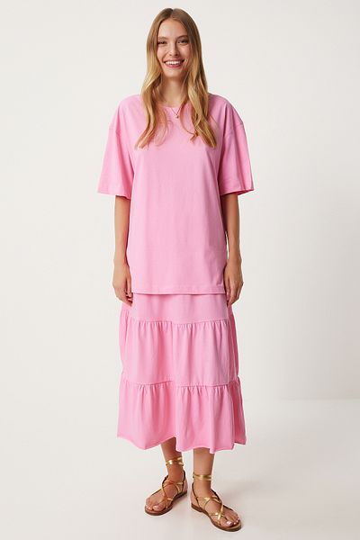 Happiness İstanbul Rosa Set aus übergroßem T-Shirt und Strickrock mit Volant - UB00291